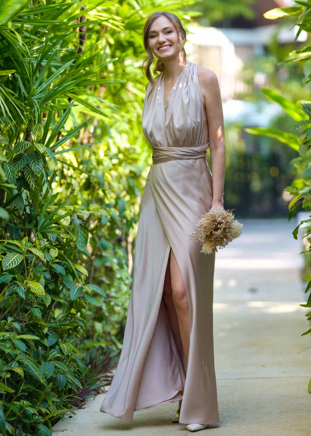 Champagne beige infinity long  slit dress