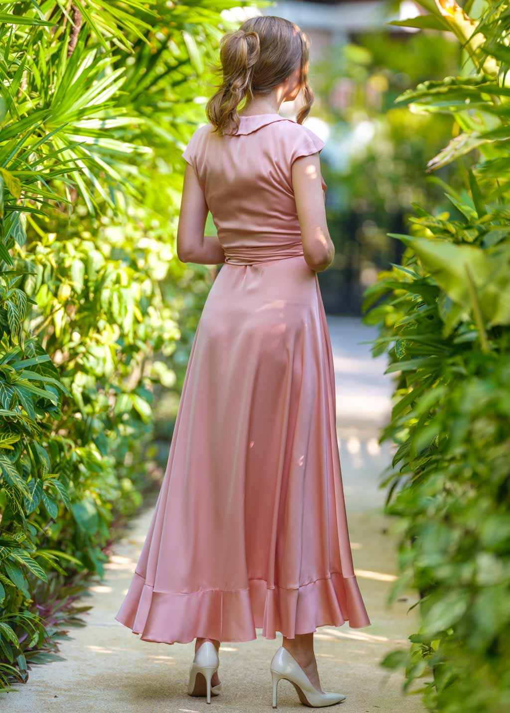 Blush pink wrap silk dress