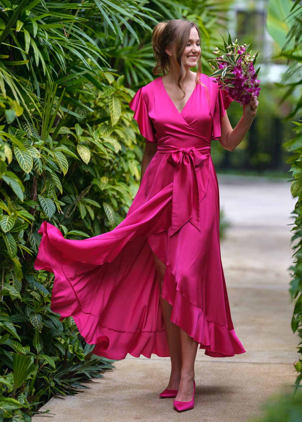 Hot pink silk wrap dress