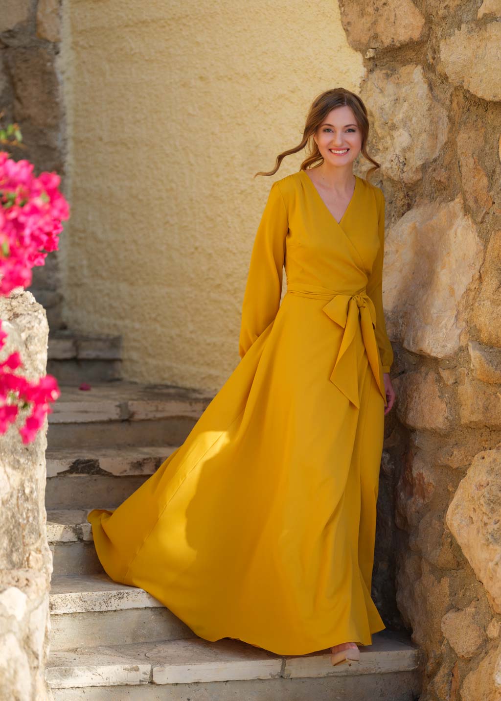 Gold chiffon wrap long dress