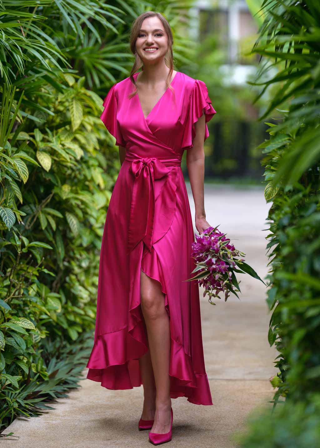 Hot pink silk wrap dress