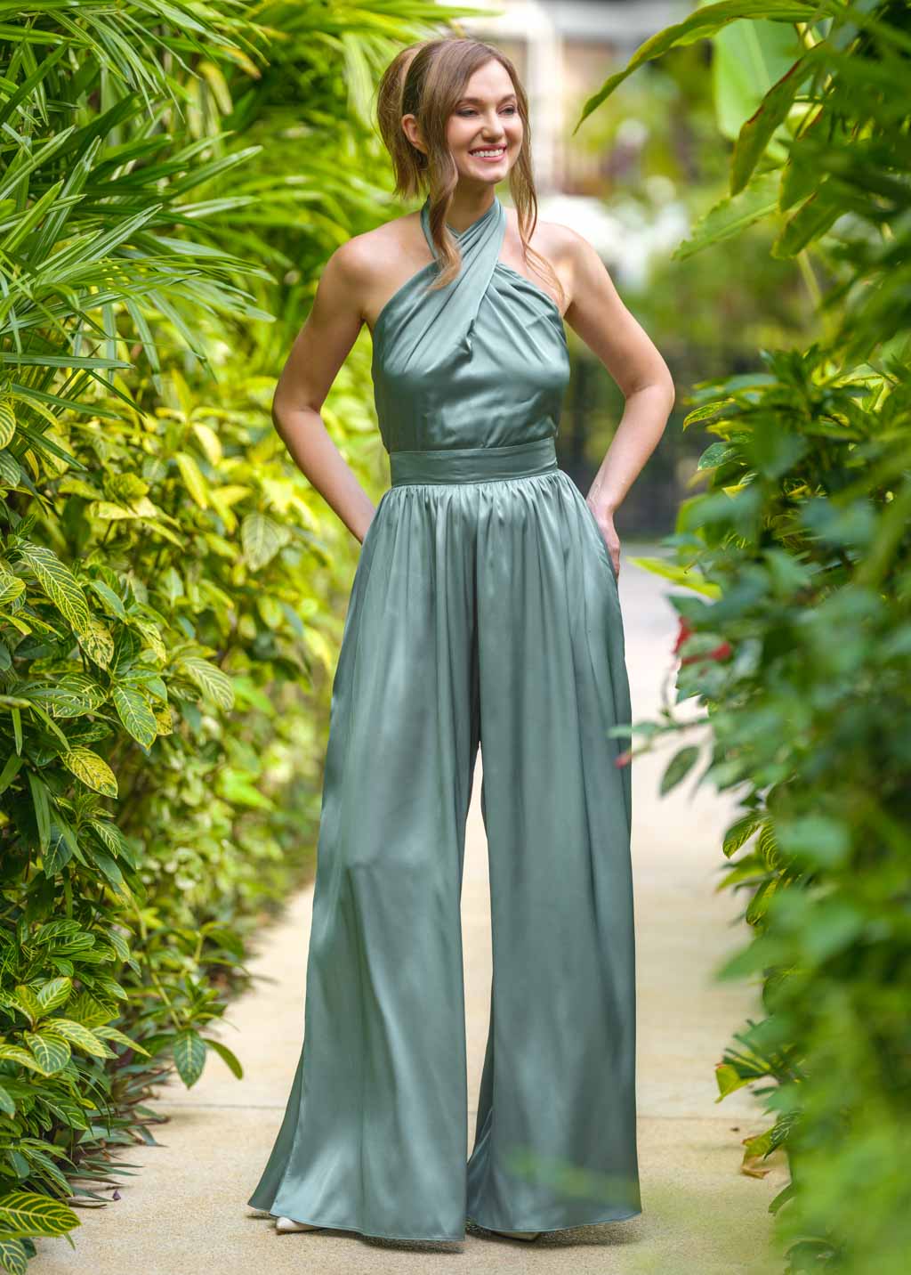 Sage green open back halter silk jumpsuit