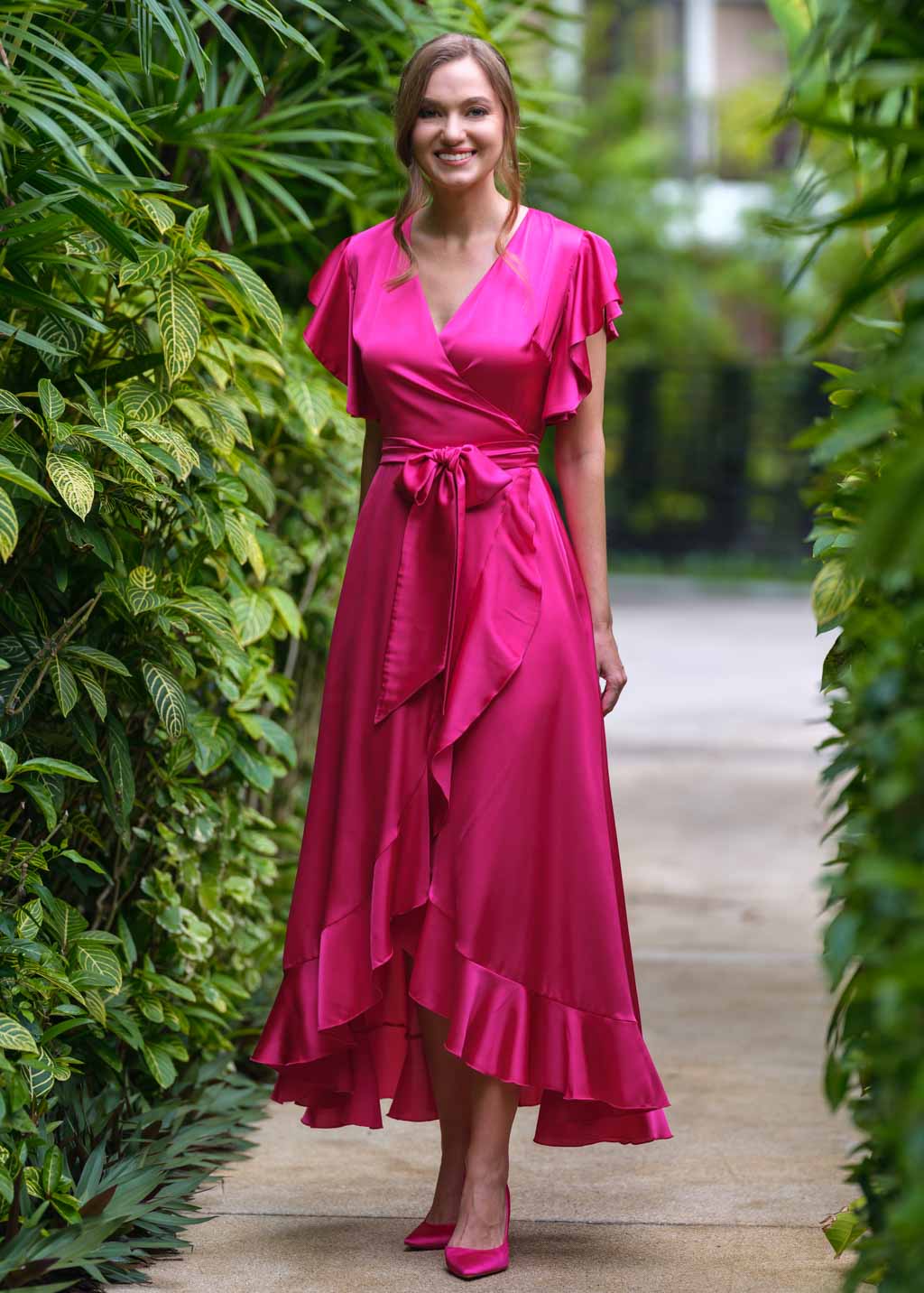 Hot pink silk wrap dress