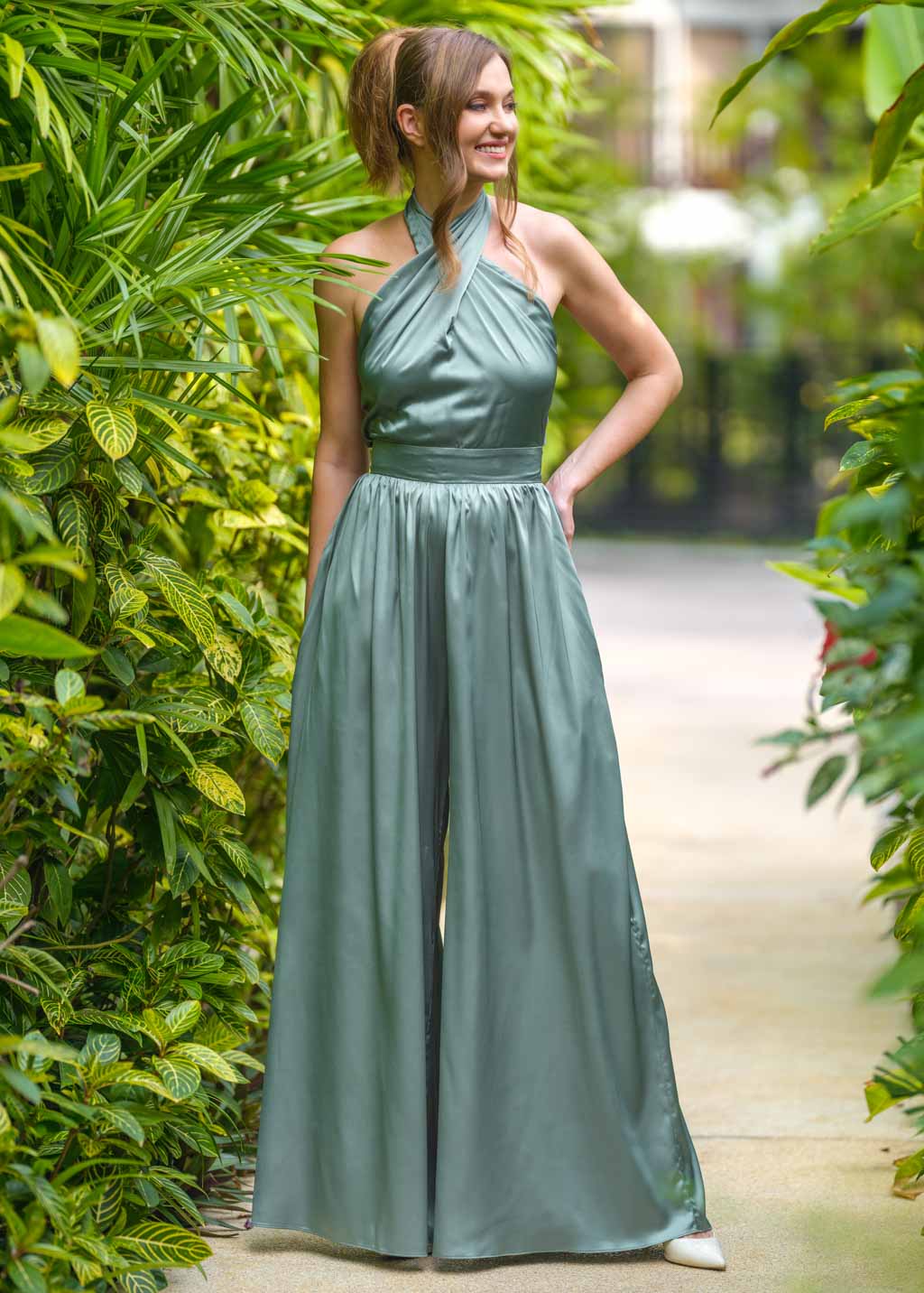 Sage green open back halter silk jumpsuit