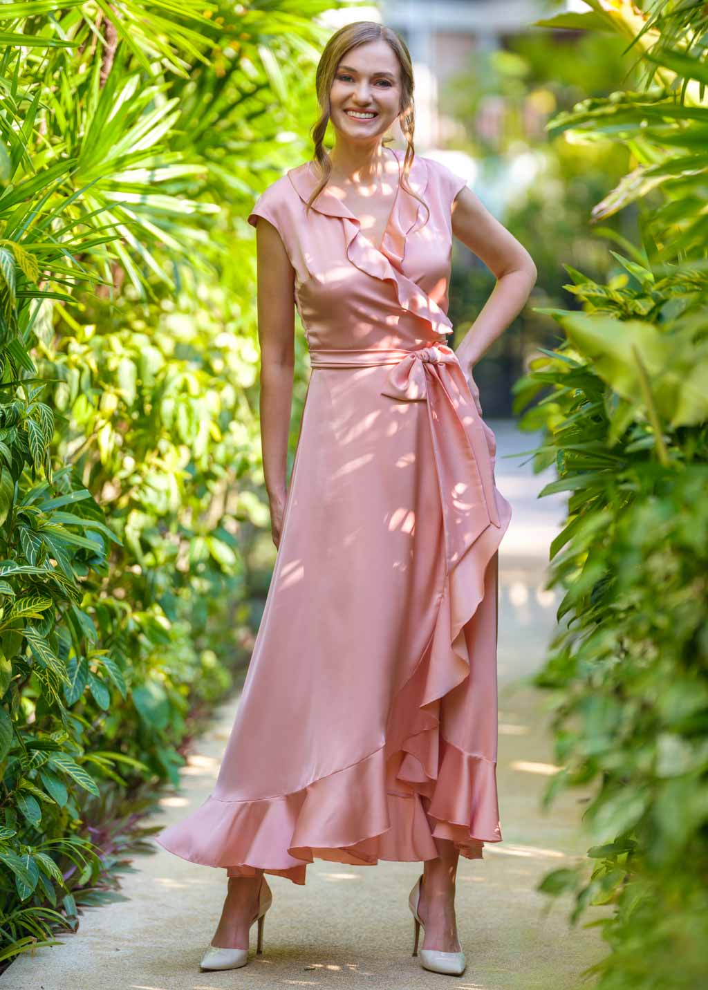Blush pink wrap silk dress