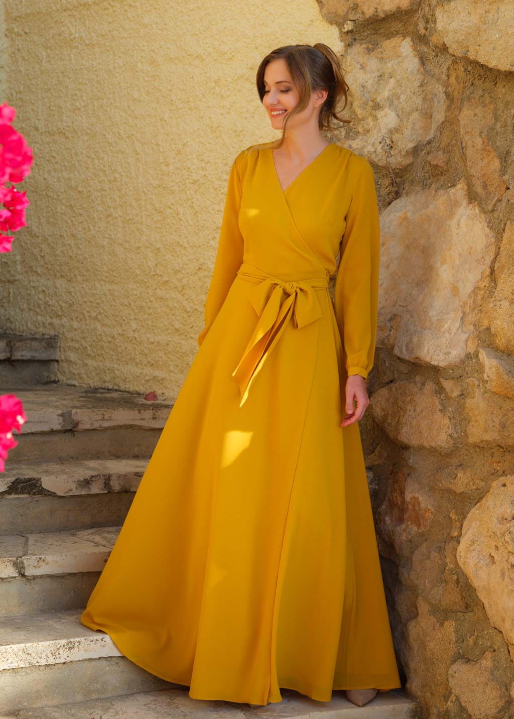 Gold chiffon wrap long dress