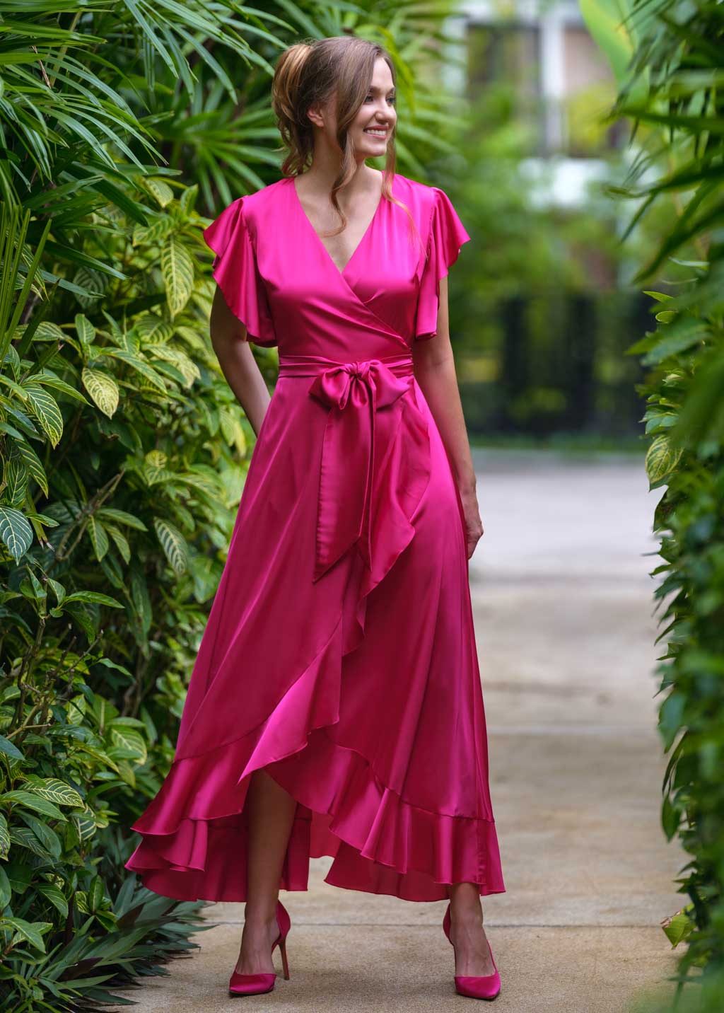 Hot pink silk wrap dress