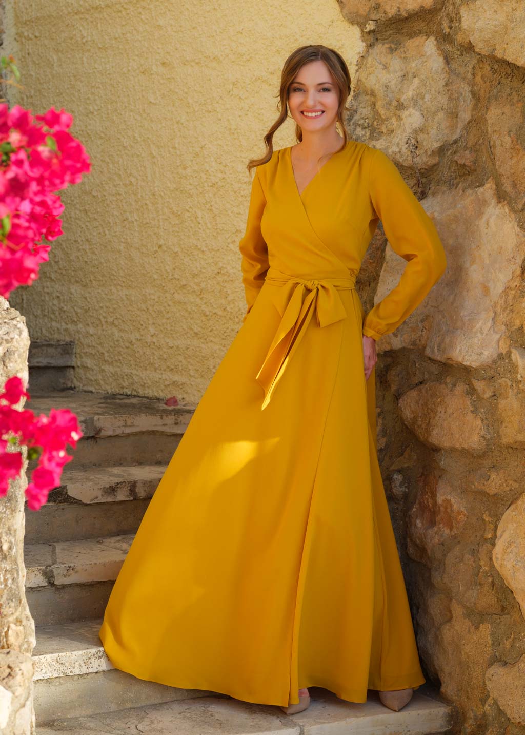 Gold chiffon wrap long dress