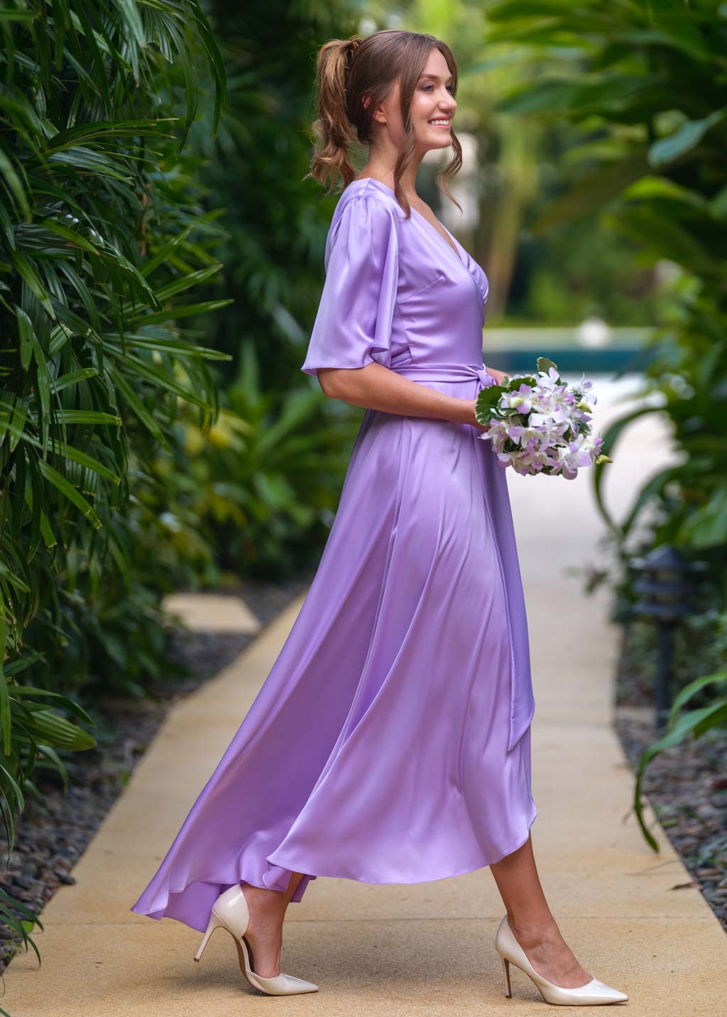 Lilac silk long wrap dress