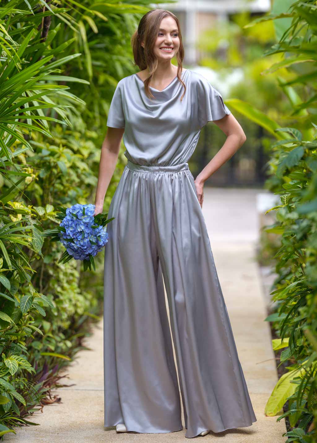 Silver grey silk jumpsuit