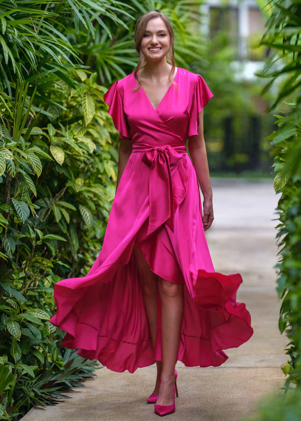 Hot pink silk wrap dress