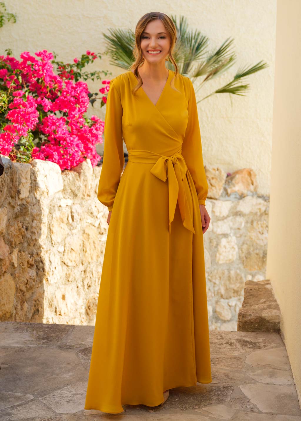 Gold chiffon wrap long dress