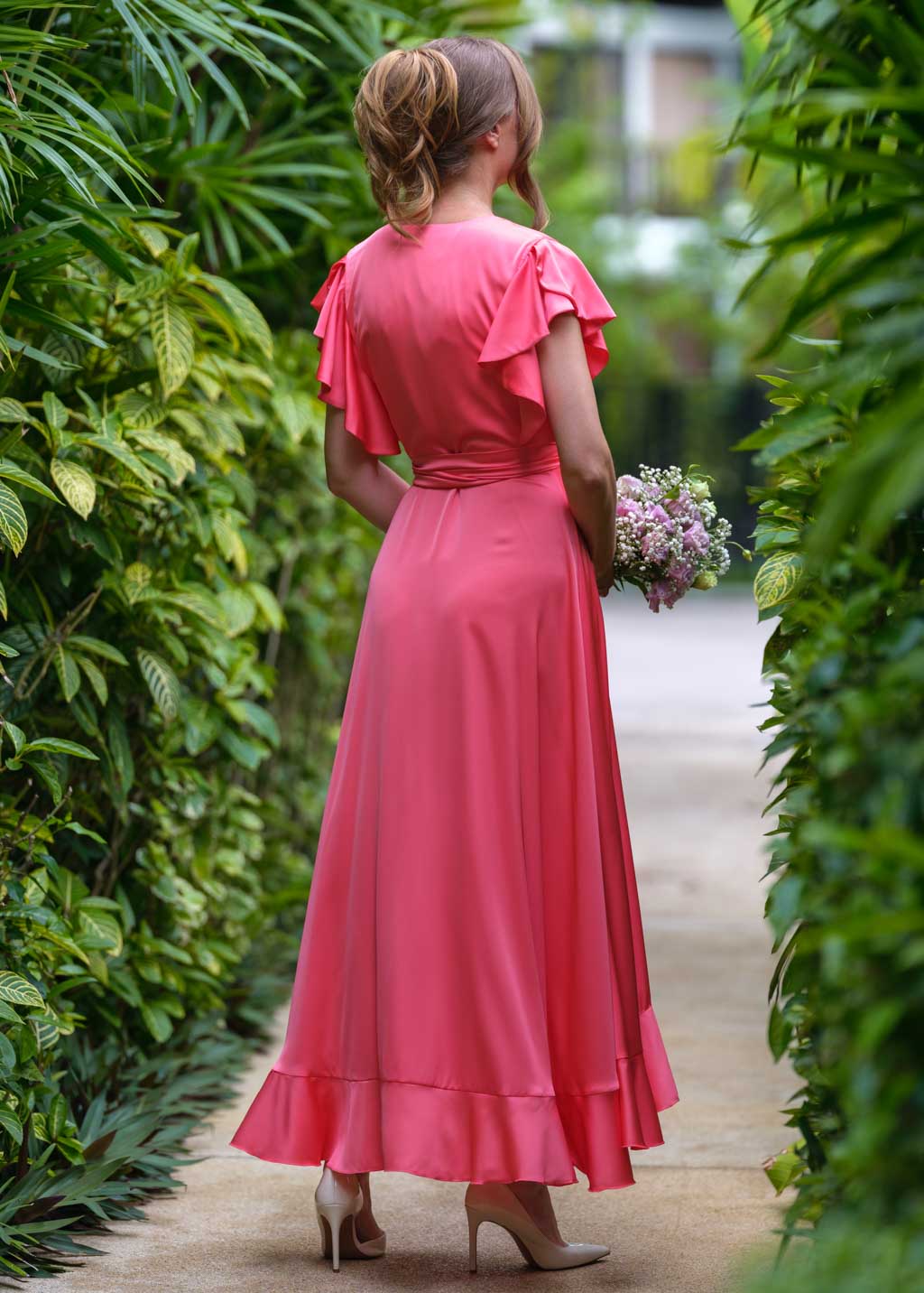 Coral silk wrap dress