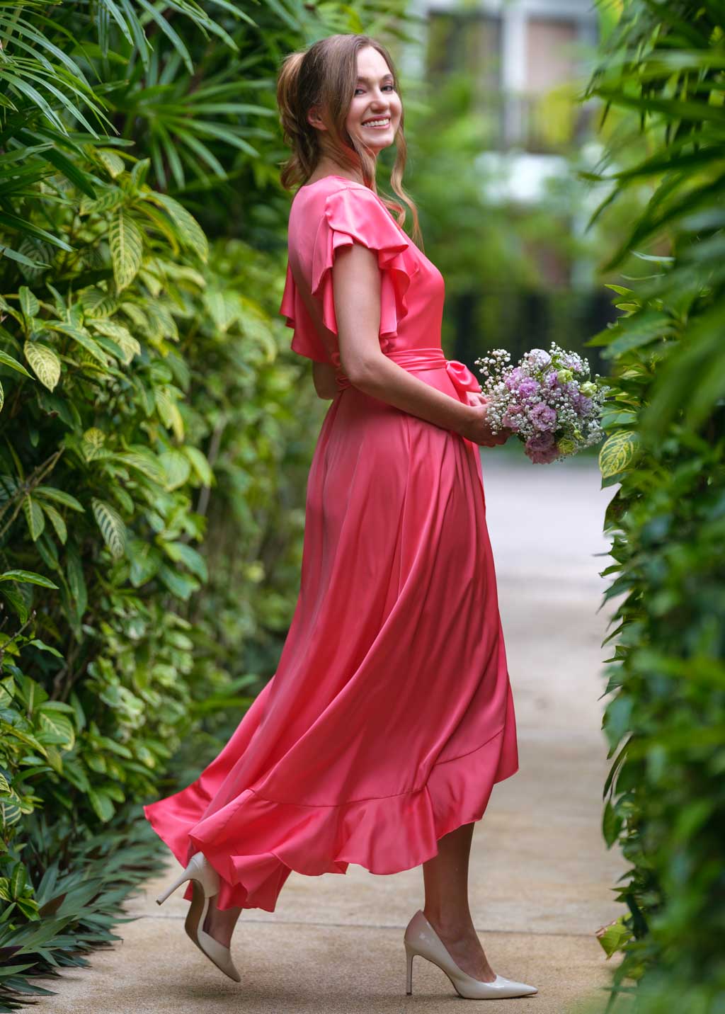 Coral silk wrap dress