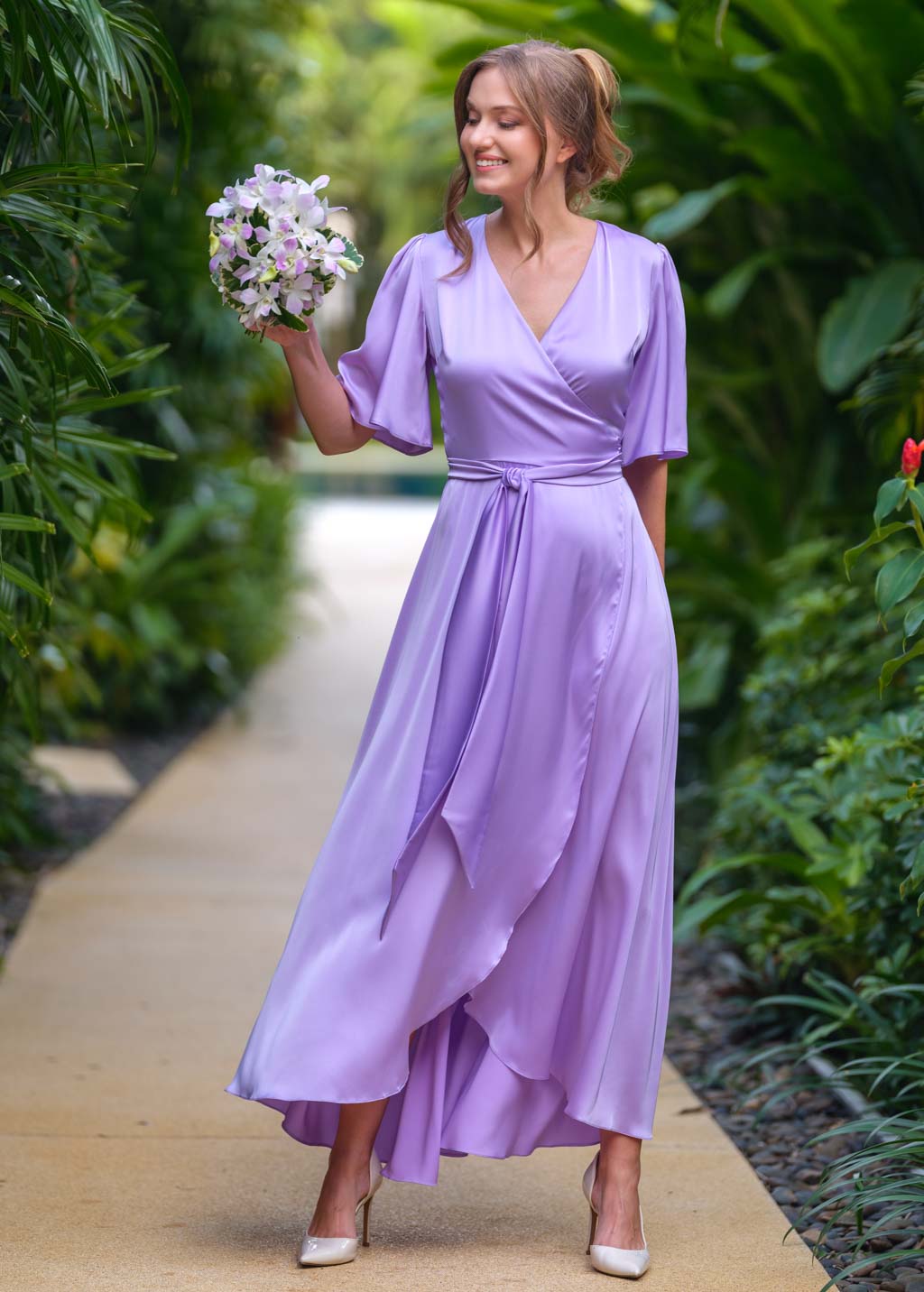 Lilac silk long wrap dress