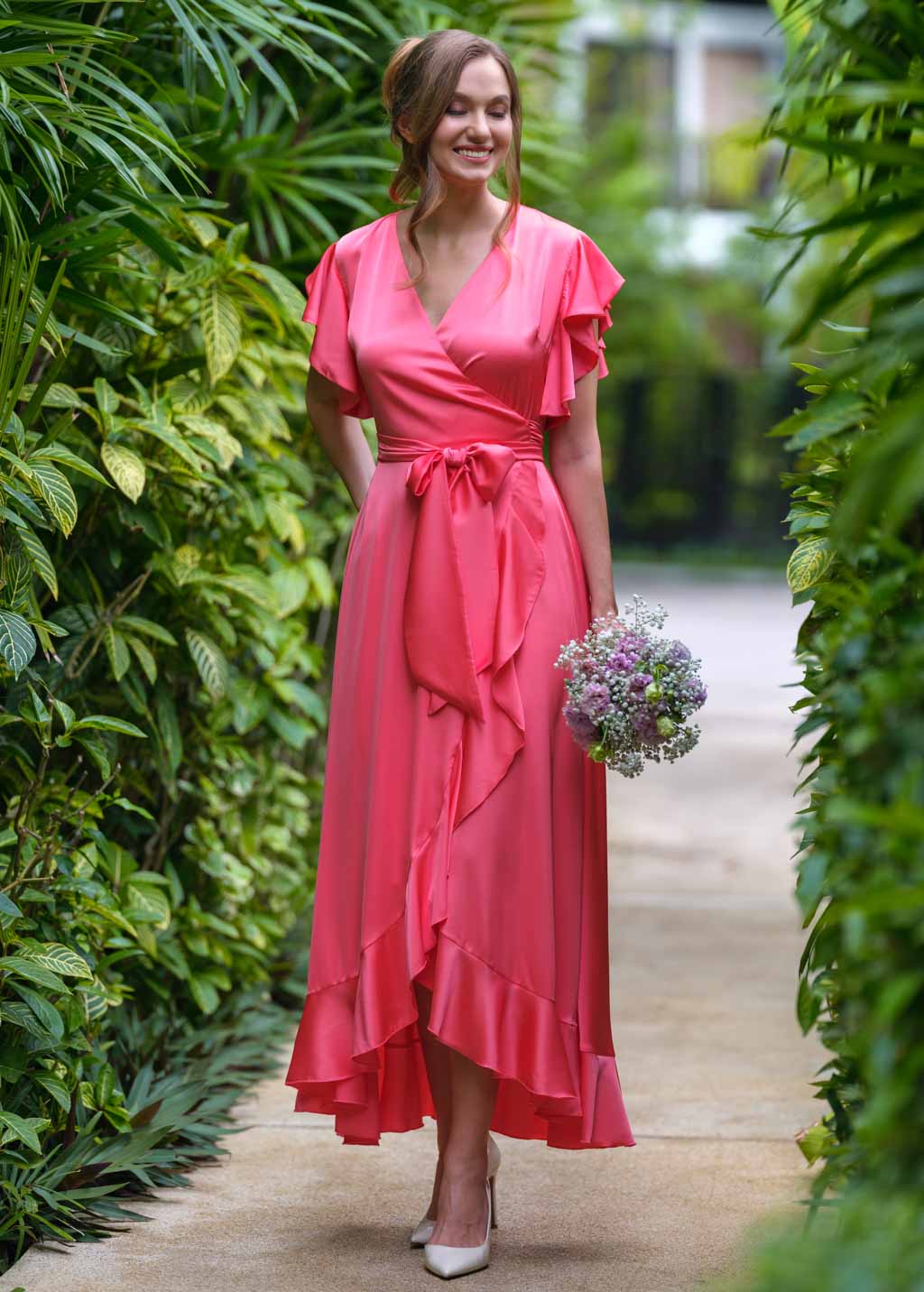 Coral silk wrap dress