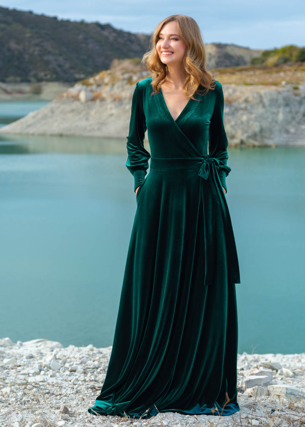 Emerald green wrap long velvet dress