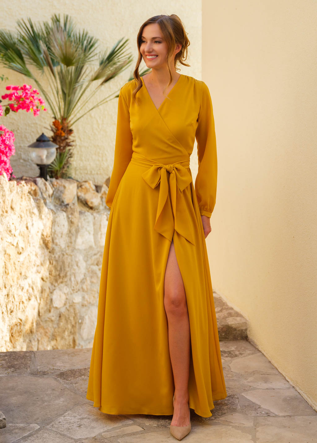 Gold chiffon wrap long dress