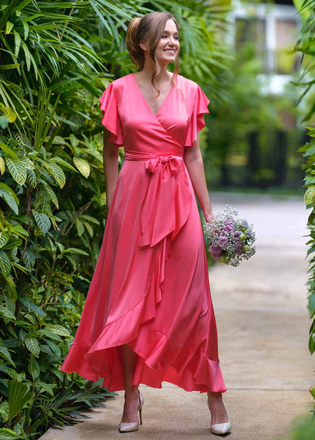 Coral silk wrap dress