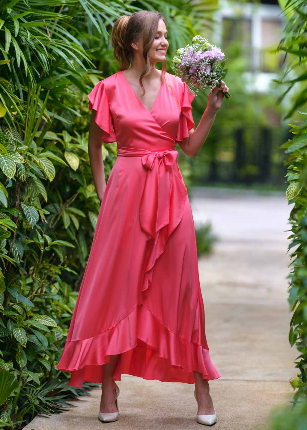 Coral silk wrap dress