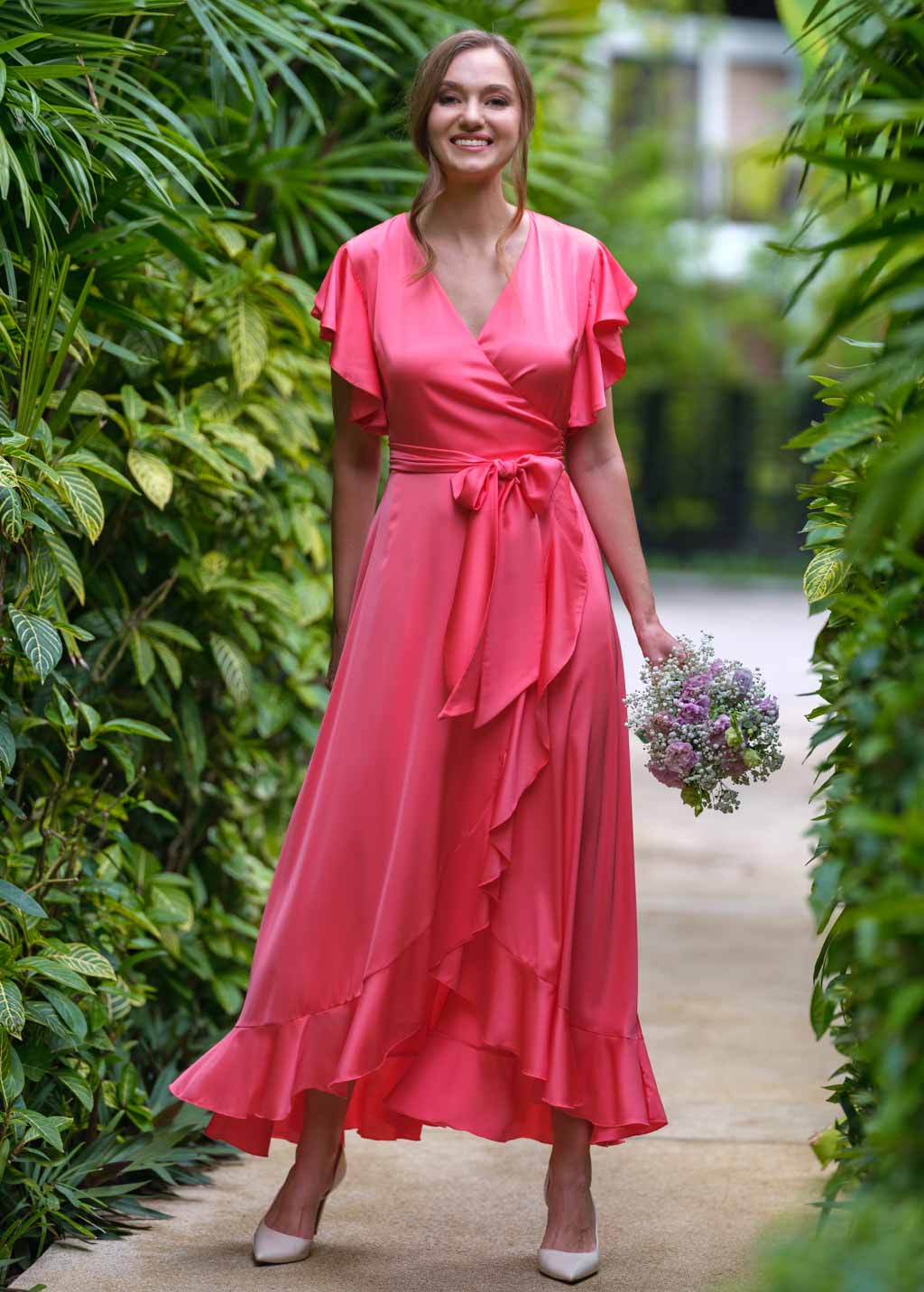 Coral silk wrap dress