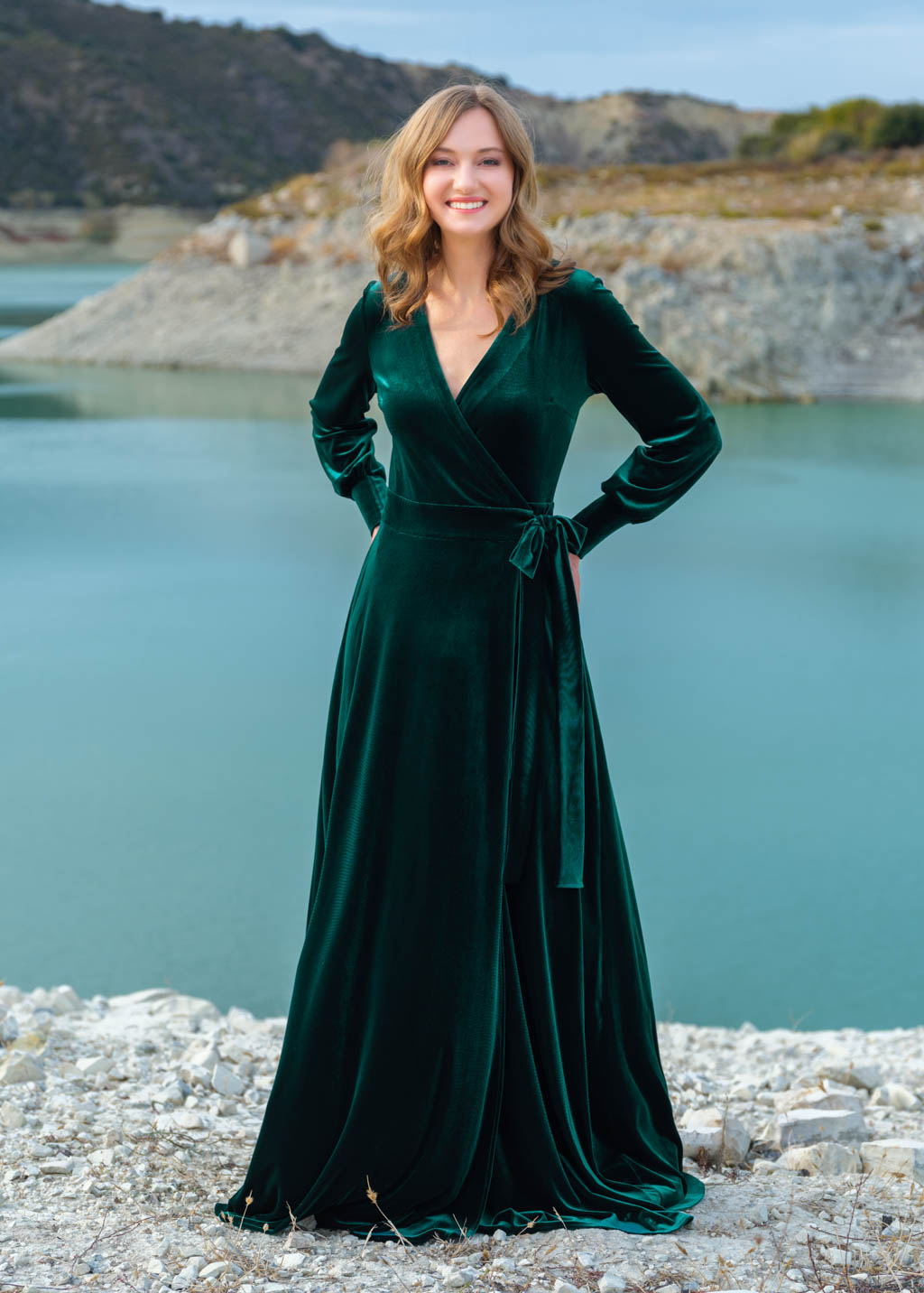 Emerald green wrap long velvet dress