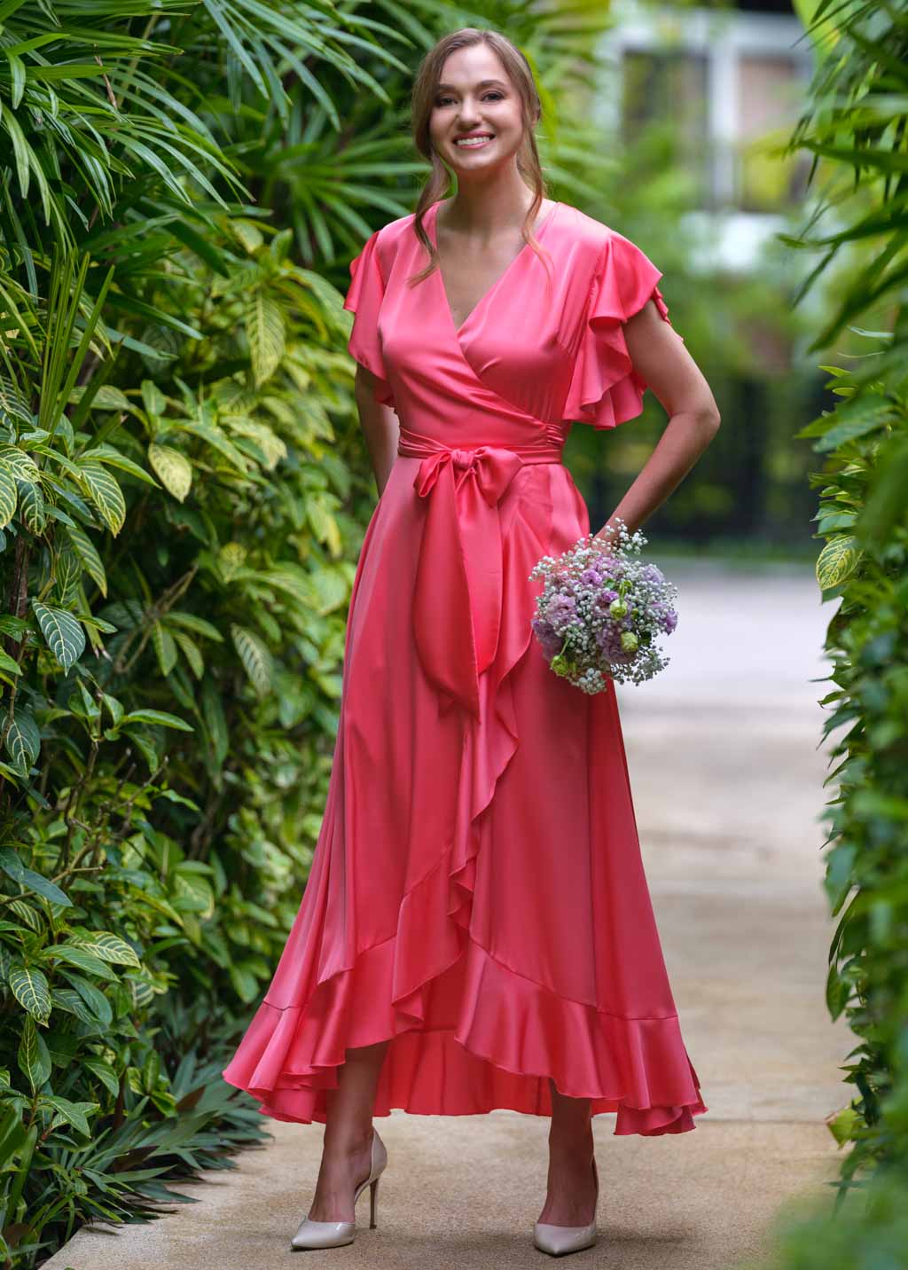 Coral silk wrap dress