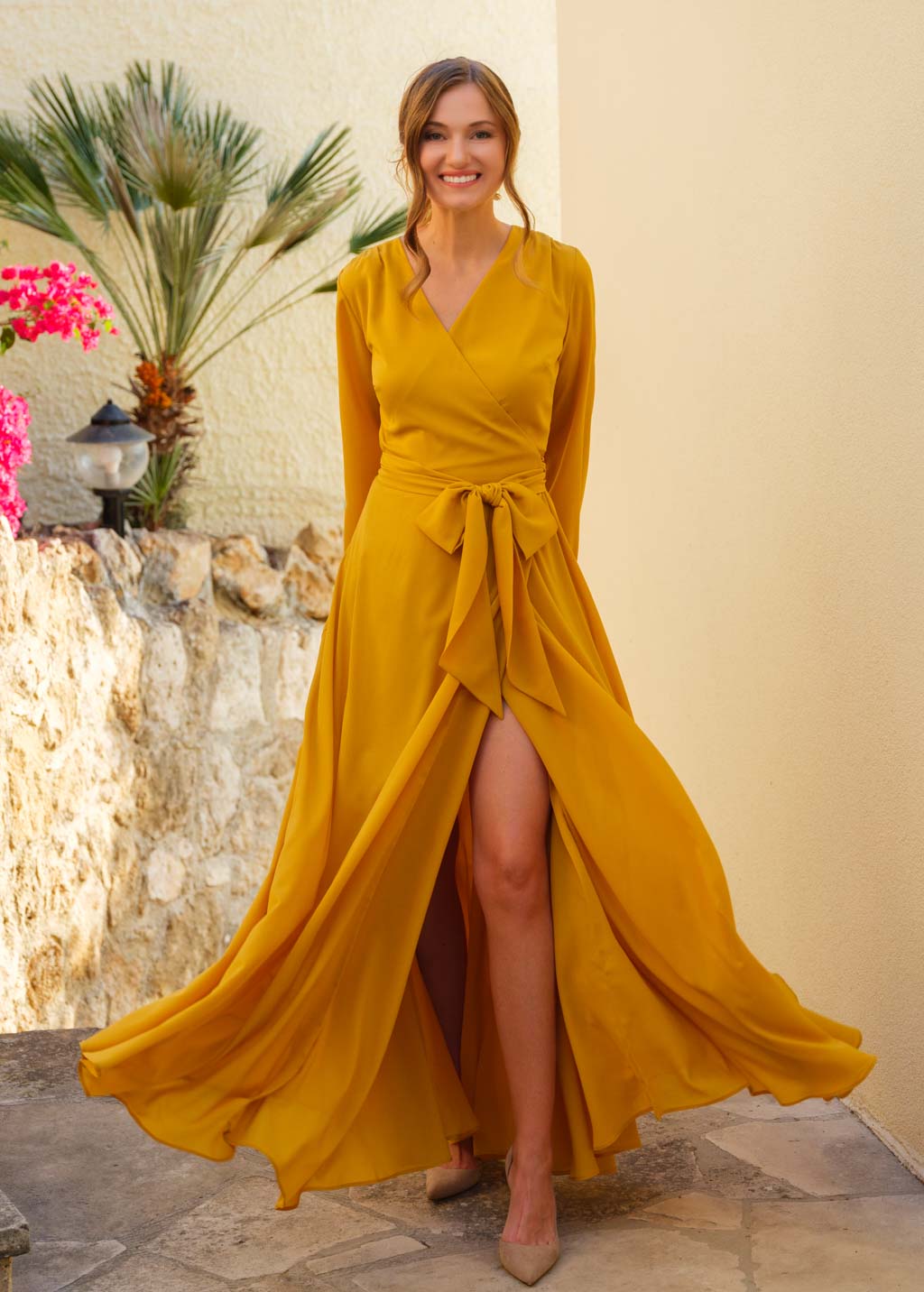 Gold chiffon wrap long dress