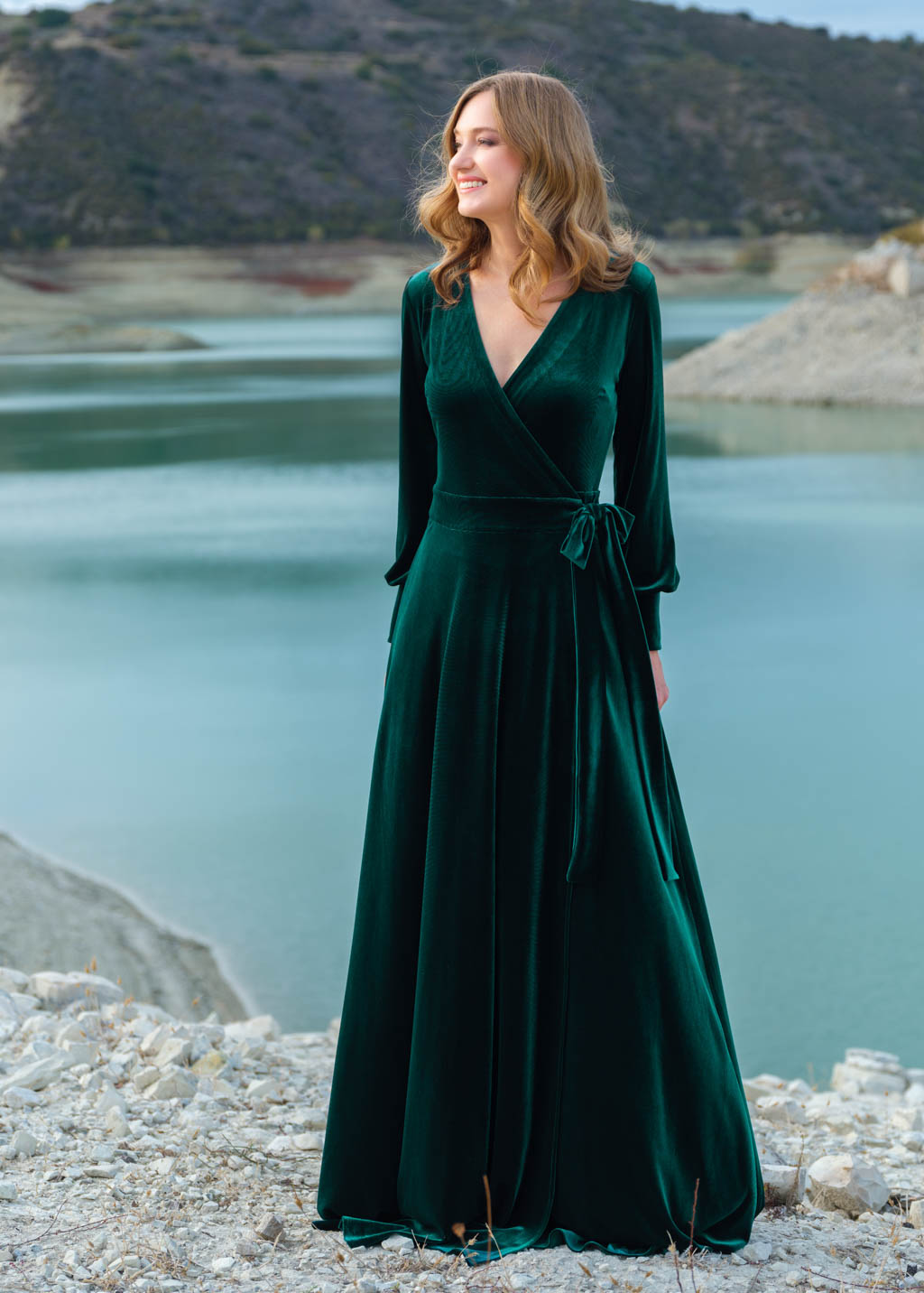 Emerald green wrap long velvet dress