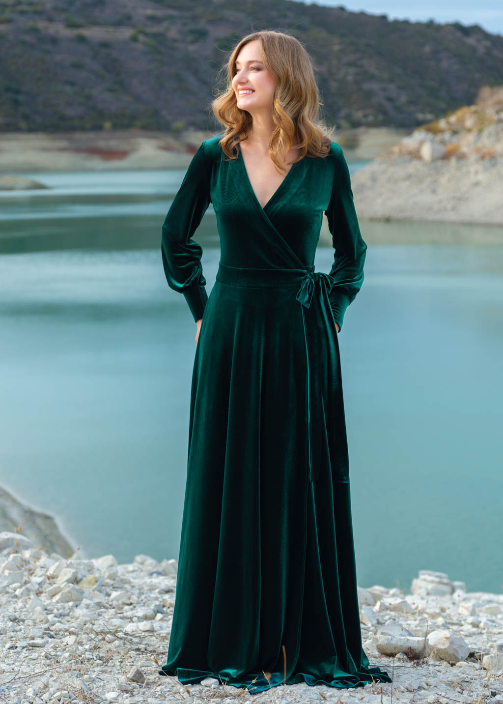 Emerald green wrap long velvet dress