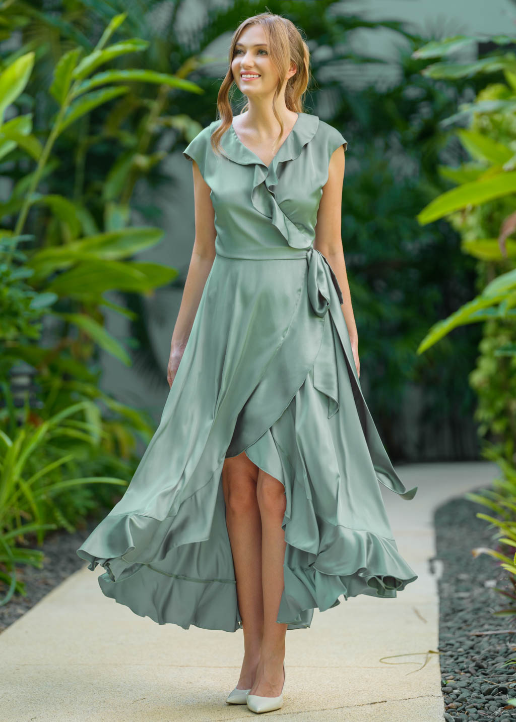 Sage green wrap silk dress