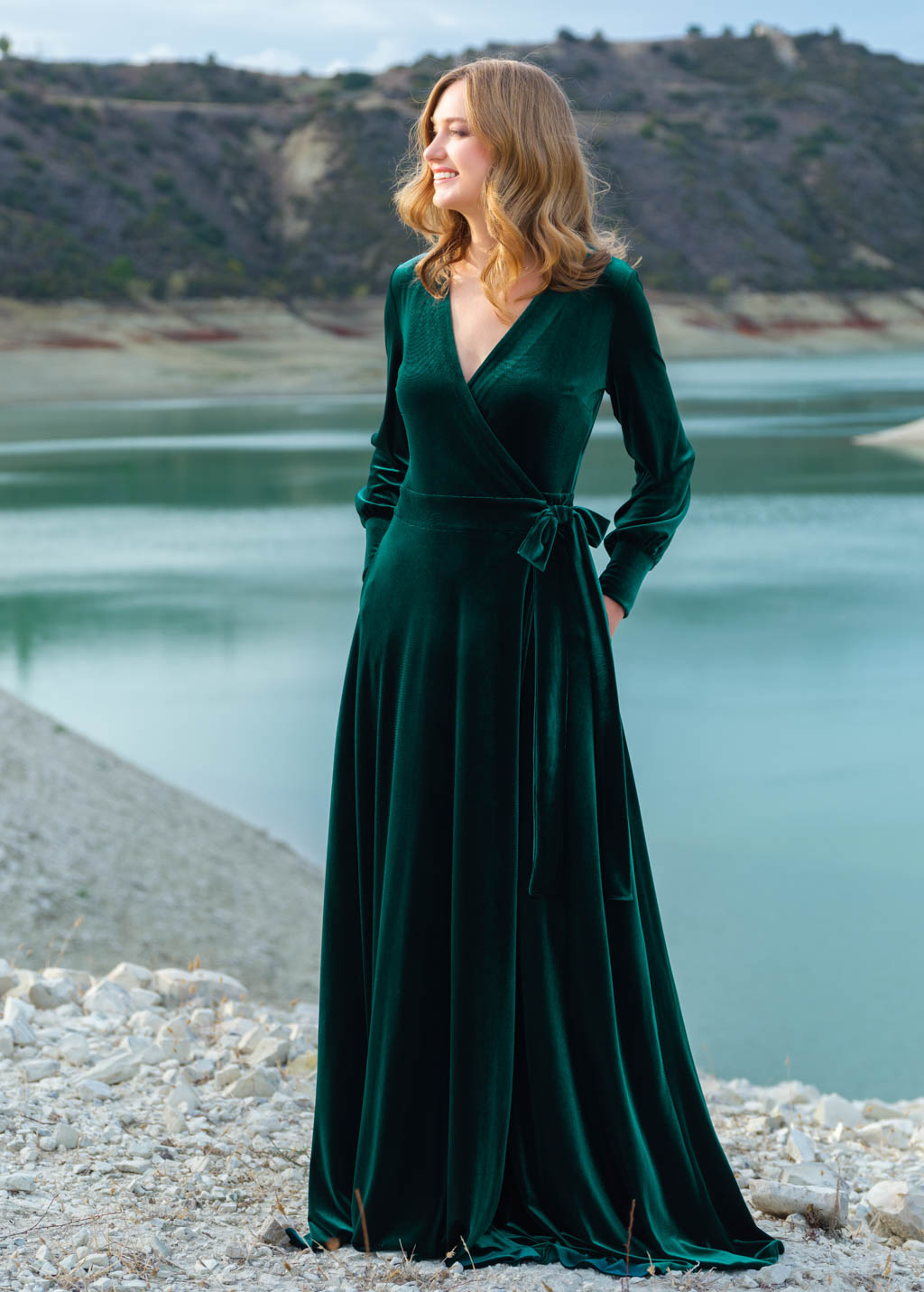 Emerald green wrap long velvet dress