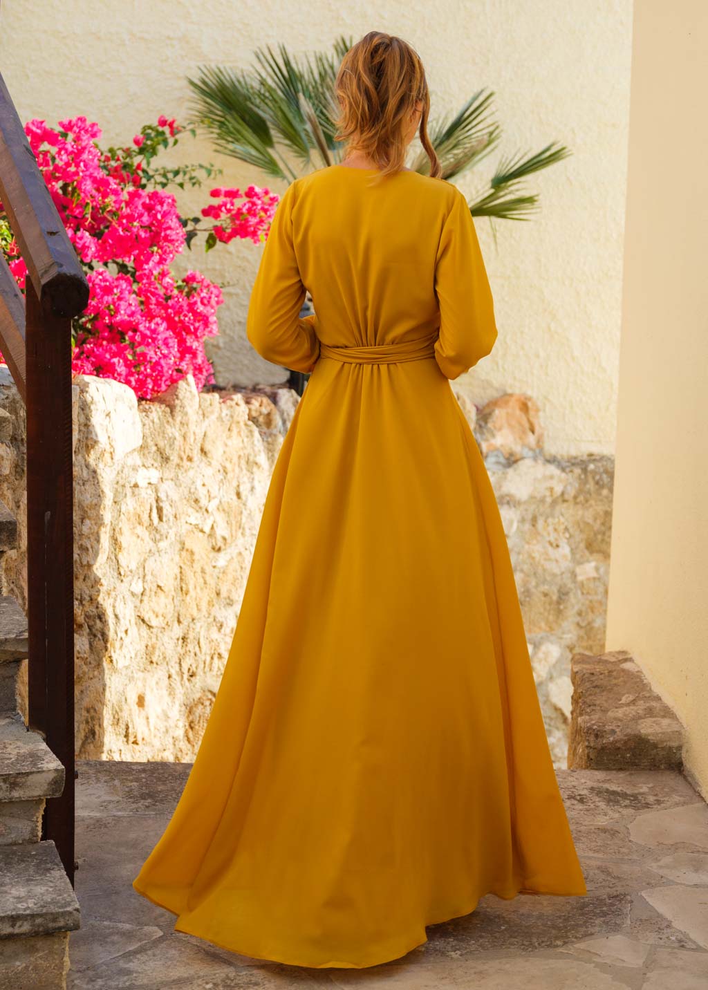 Gold chiffon wrap long dress