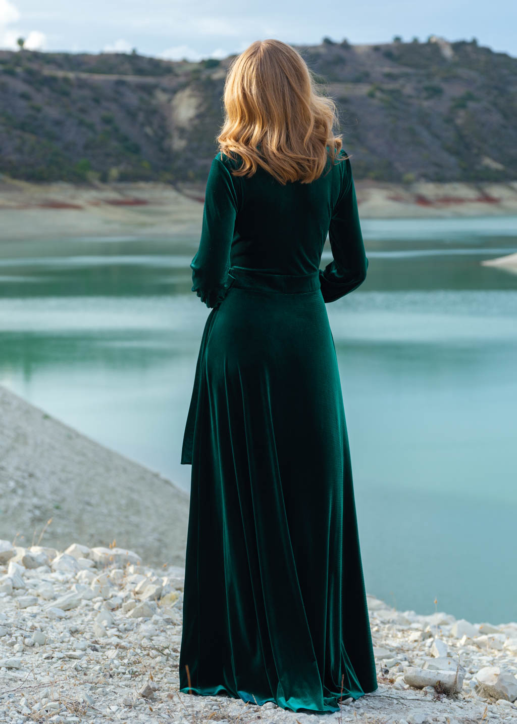 Emerald green wrap long velvet dress