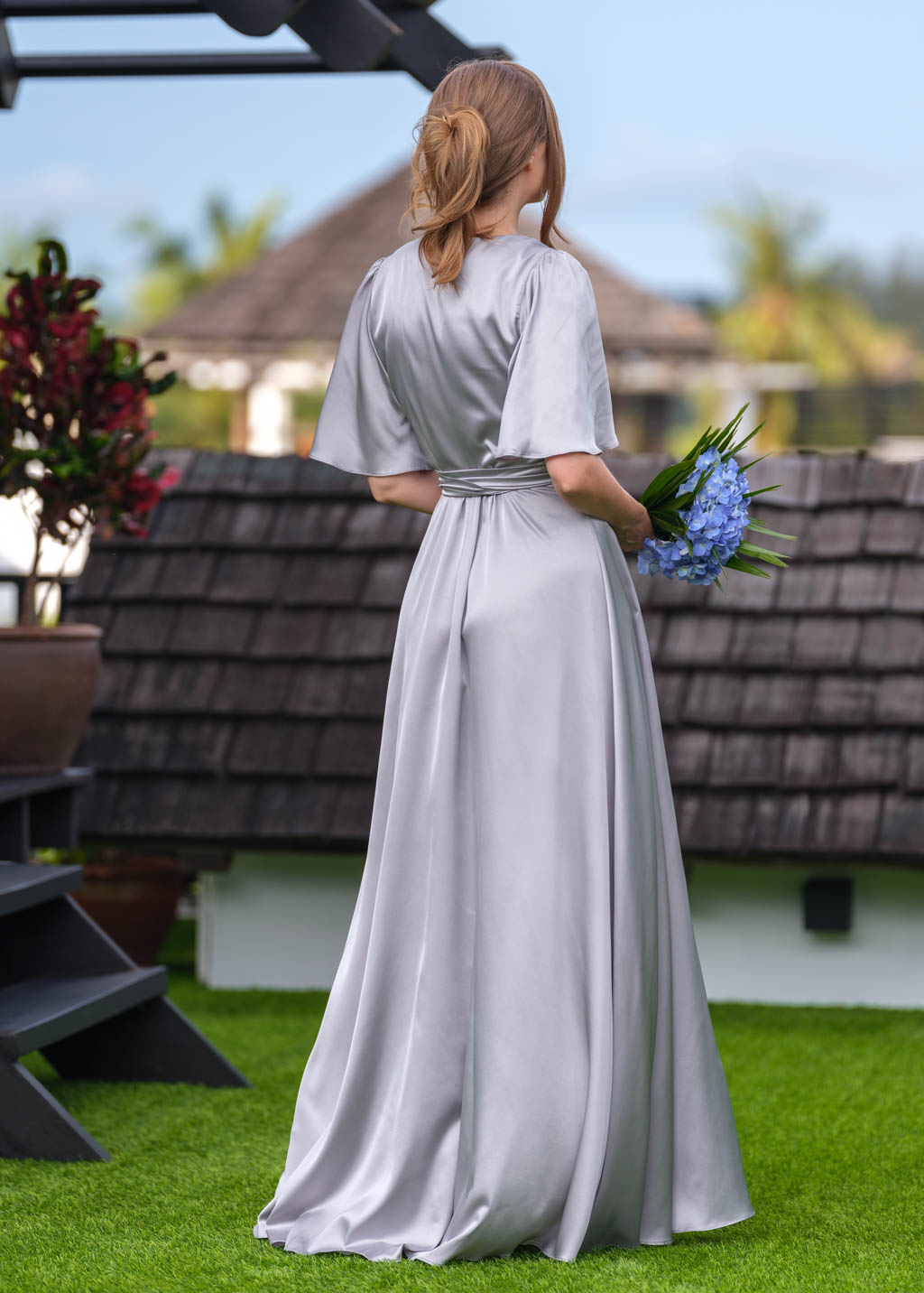 Silver grey wrap long silk dress