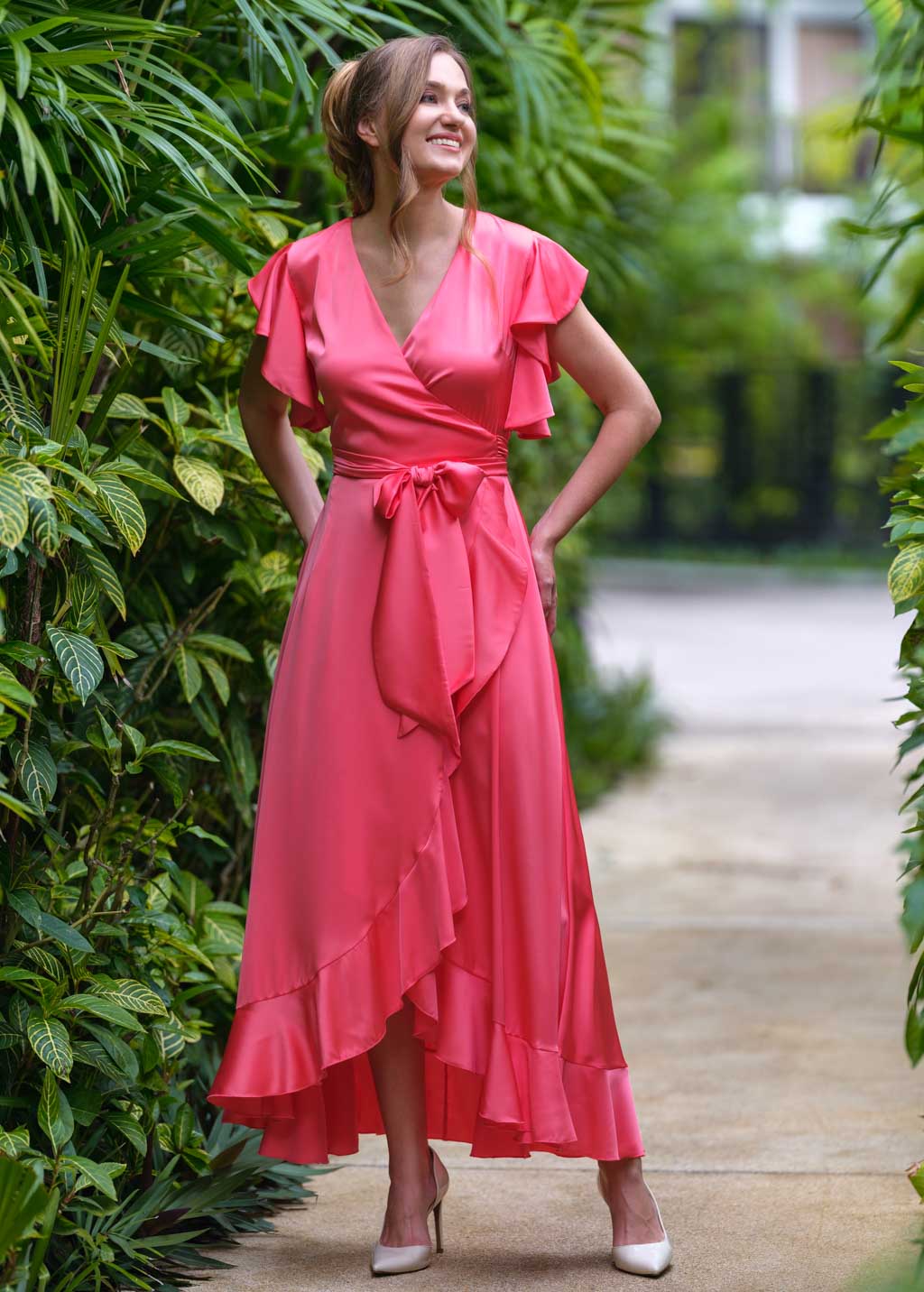 Coral silk wrap dress