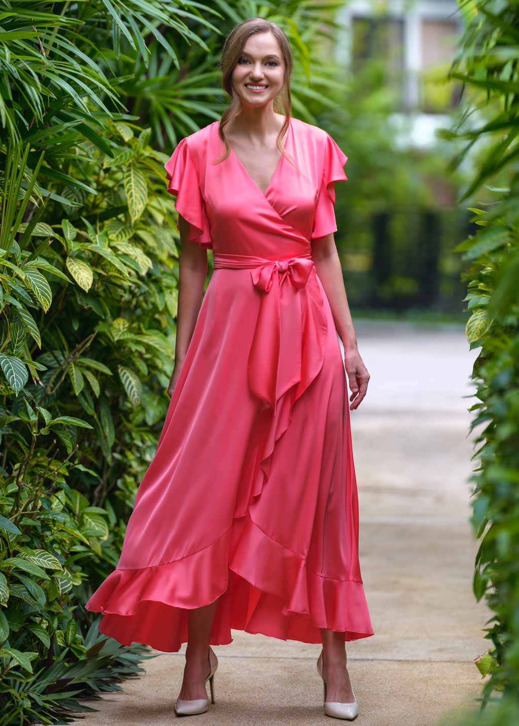 Coral silk wrap dress