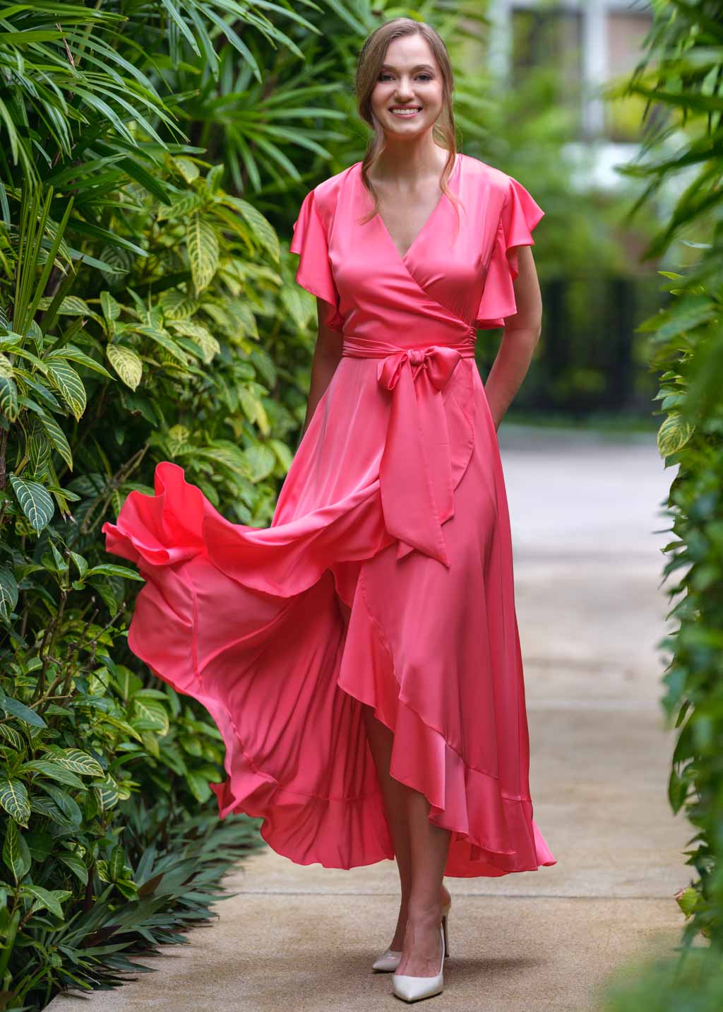 Coral silk wrap dress