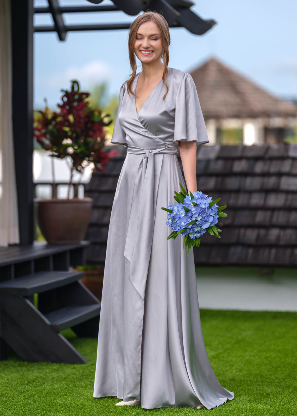 Silver grey wrap long silk dress