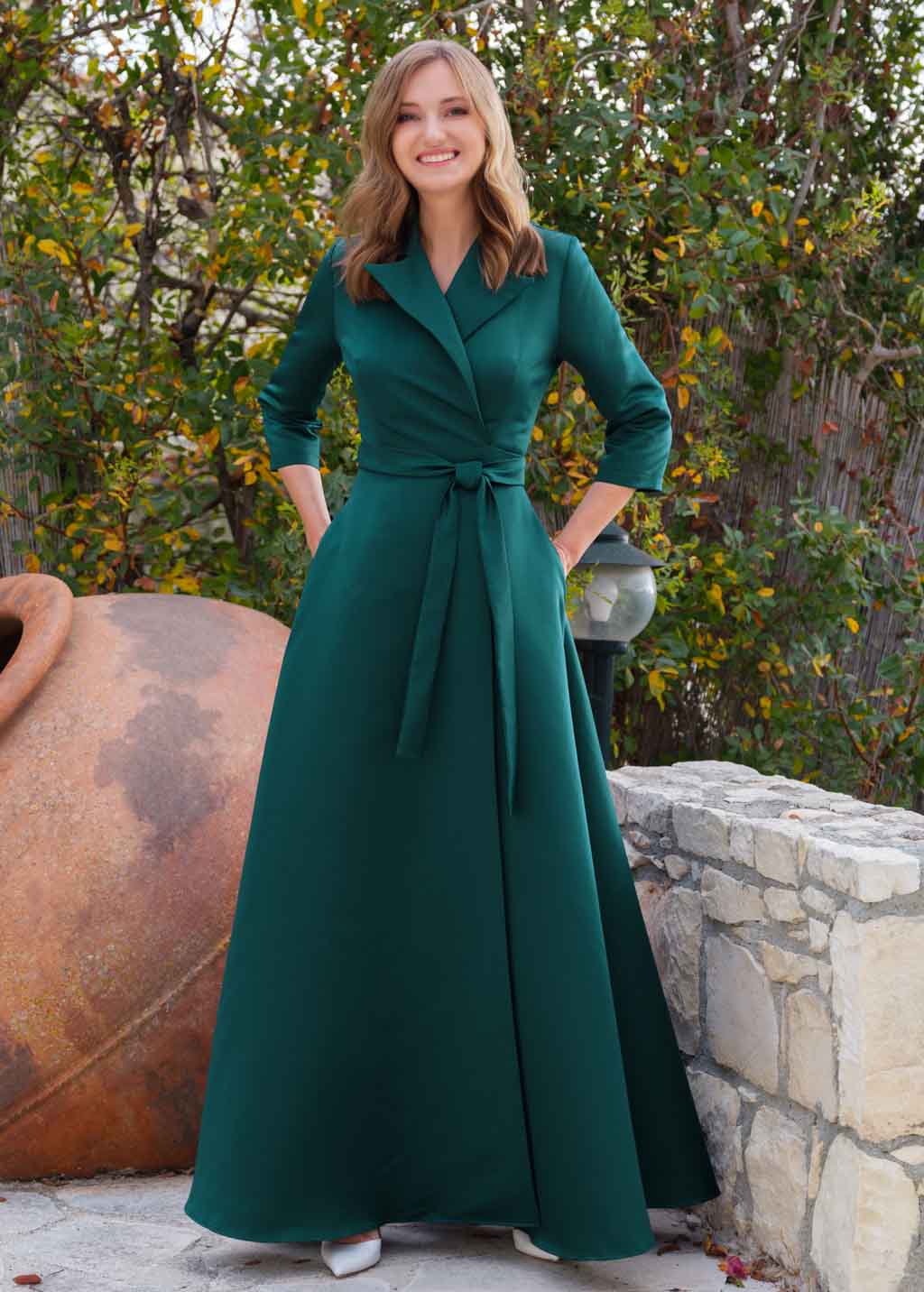 Dark green wrap satin dress dress