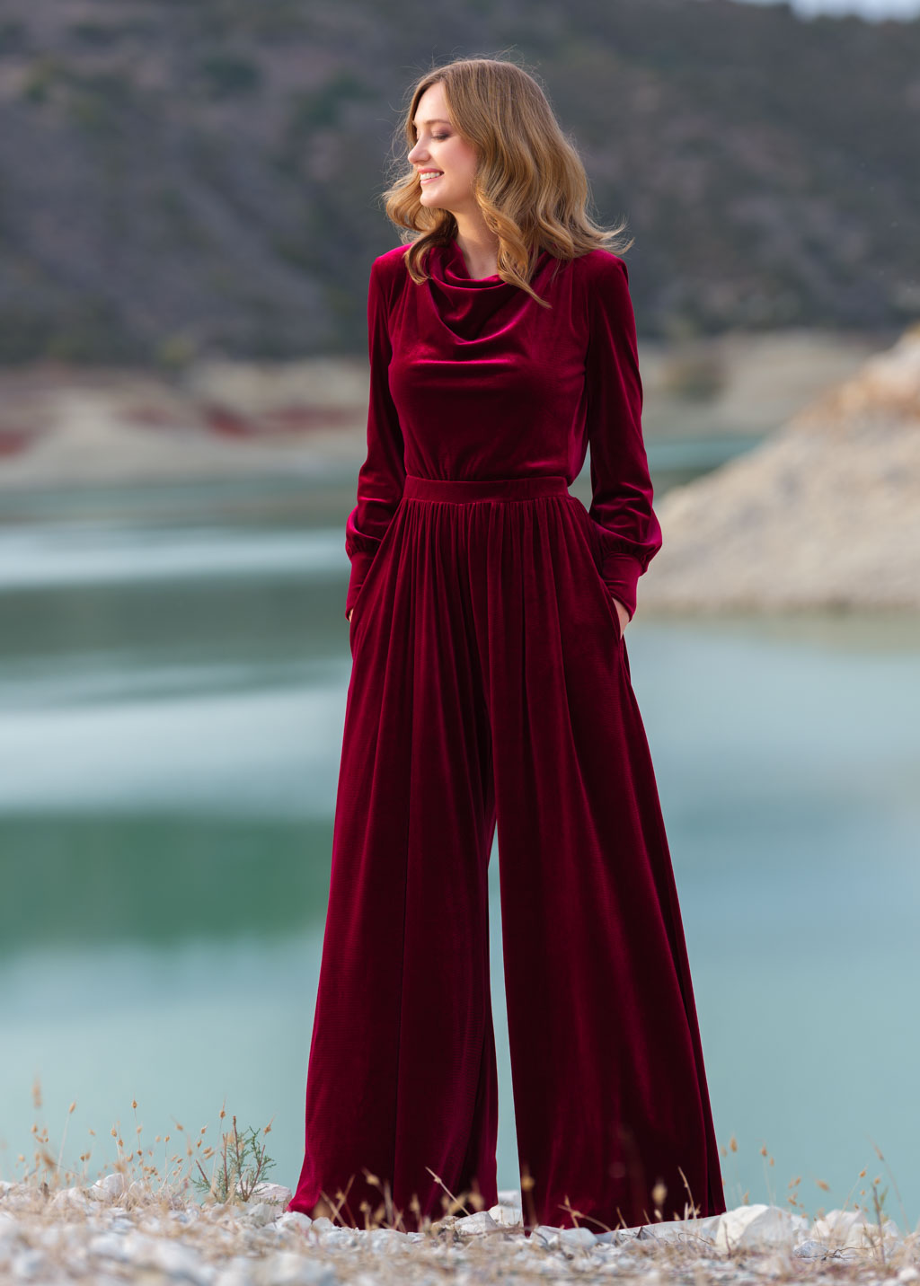 Burgundy velvet jumpsuit