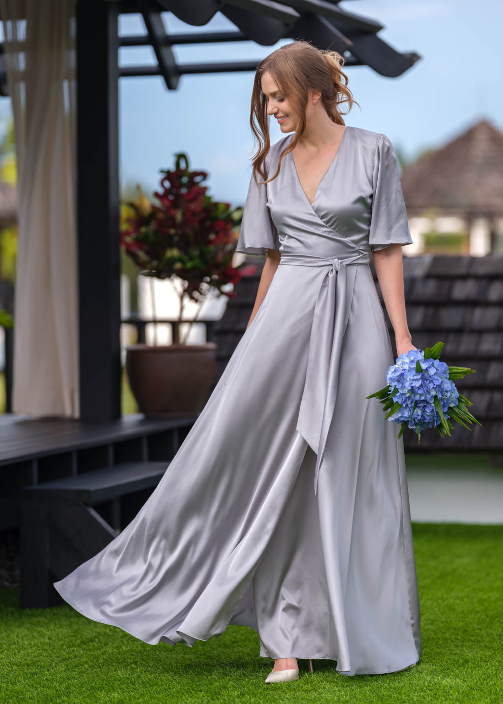 Silver grey wrap long silk dress