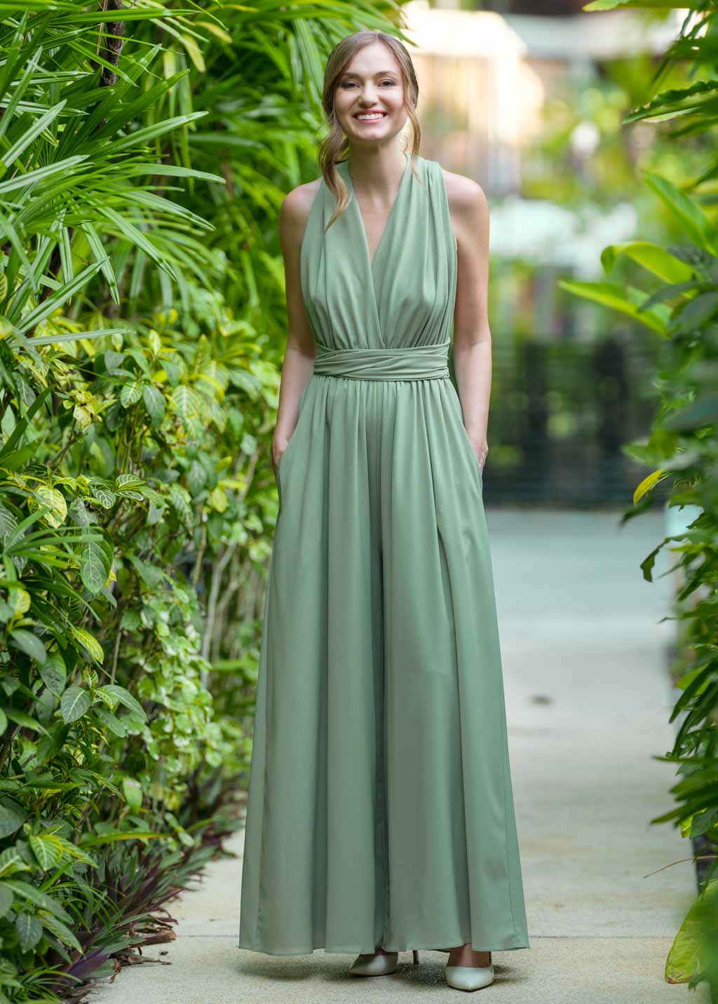 Sage green chiffon infinity jumpsuit