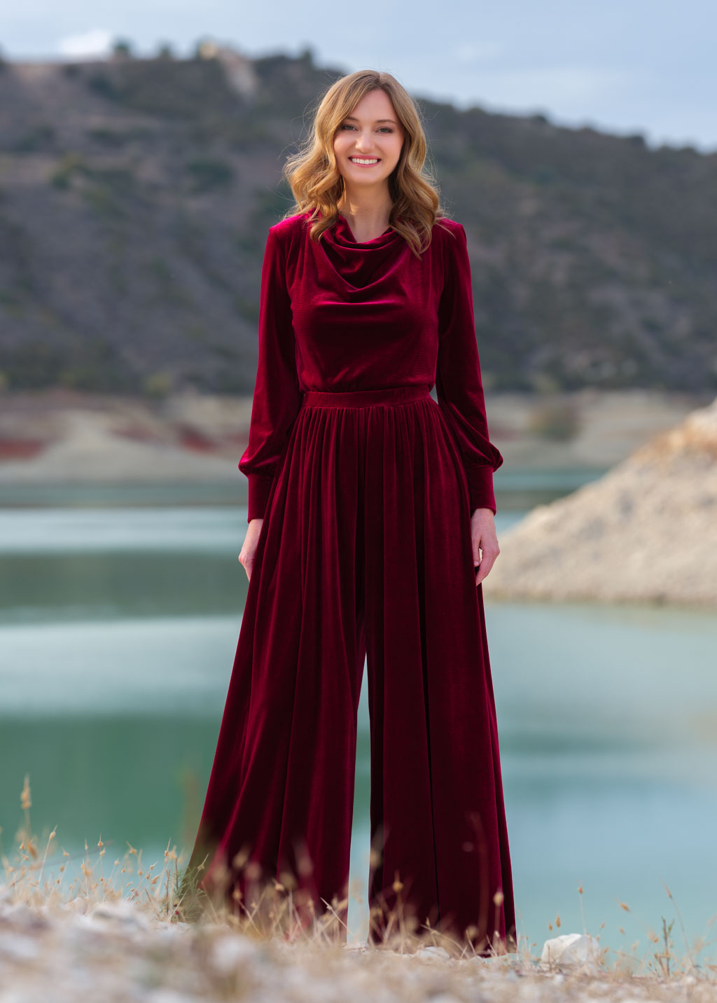 Burgundy velvet jumpsuit