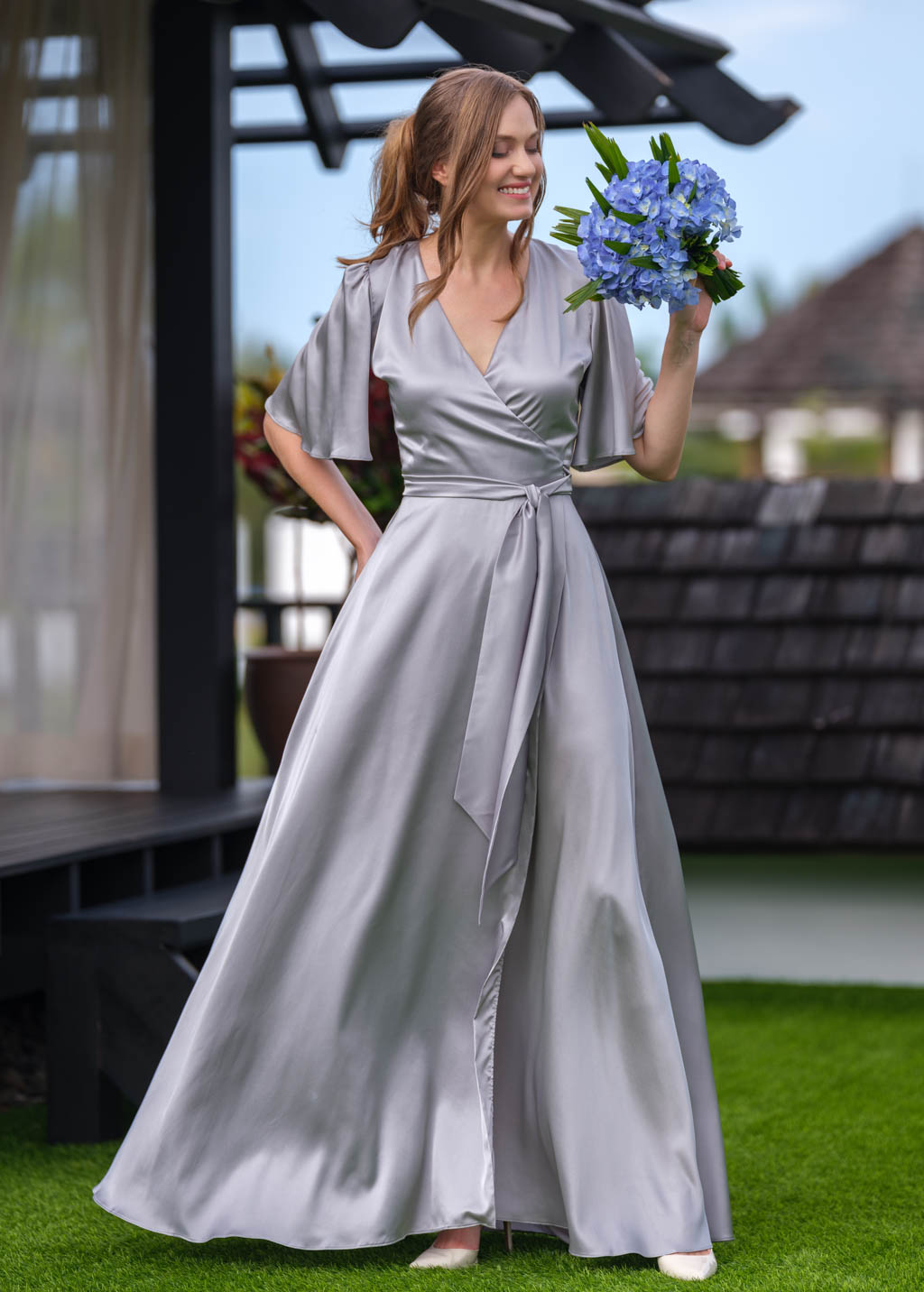 Silver grey wrap long silk dress