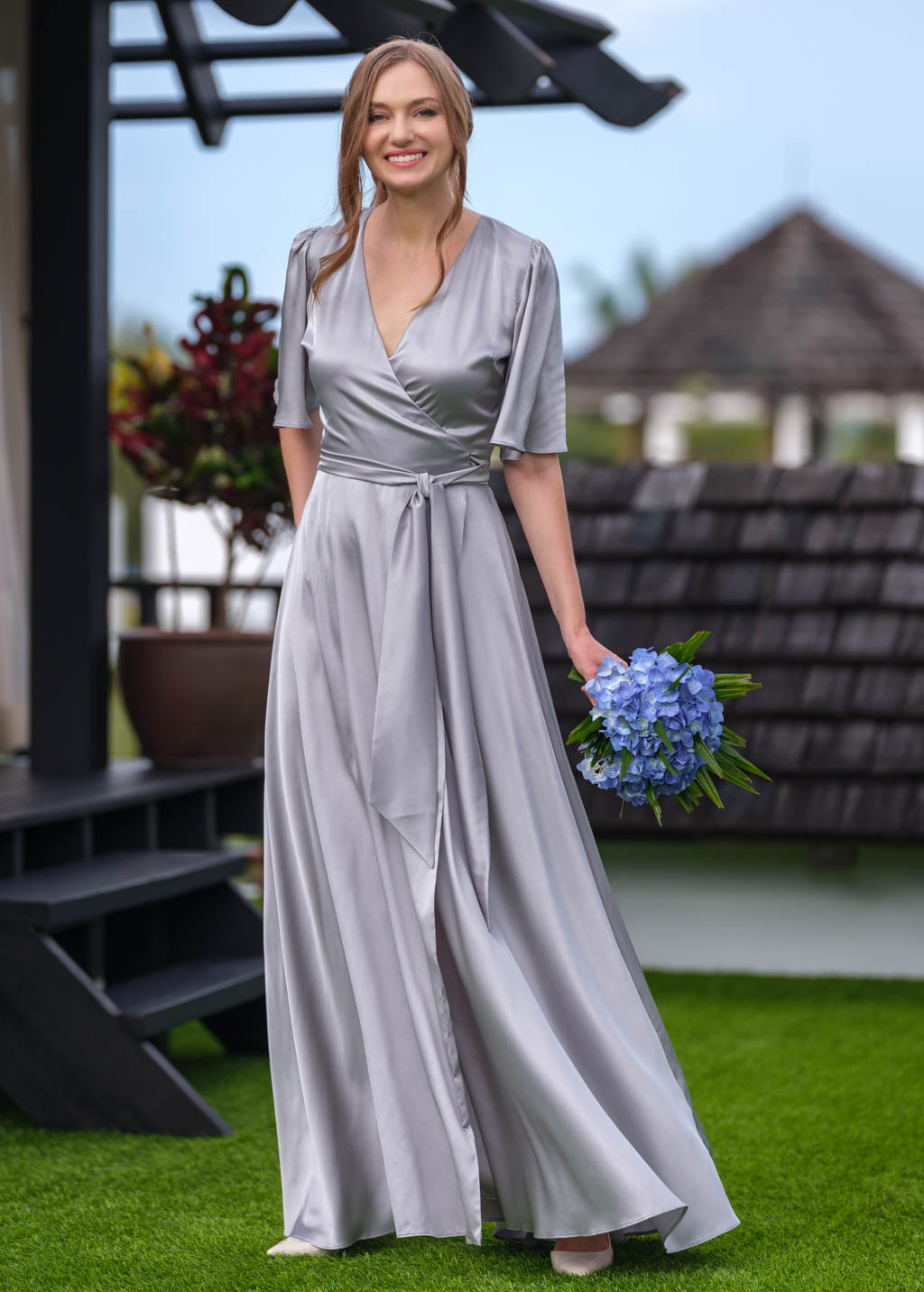 Silver grey wrap long silk dress