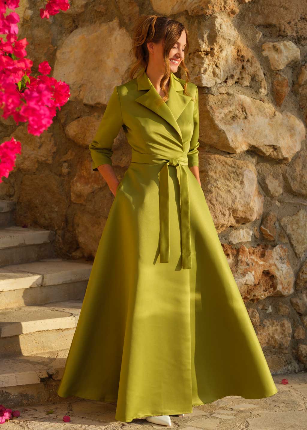 Olive wrap satin dress dress