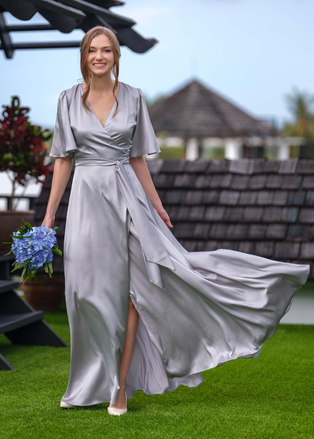 Silver grey wrap long silk dress