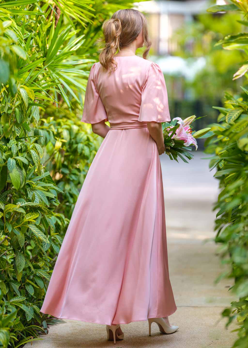 Blush pink silk long wrap dress