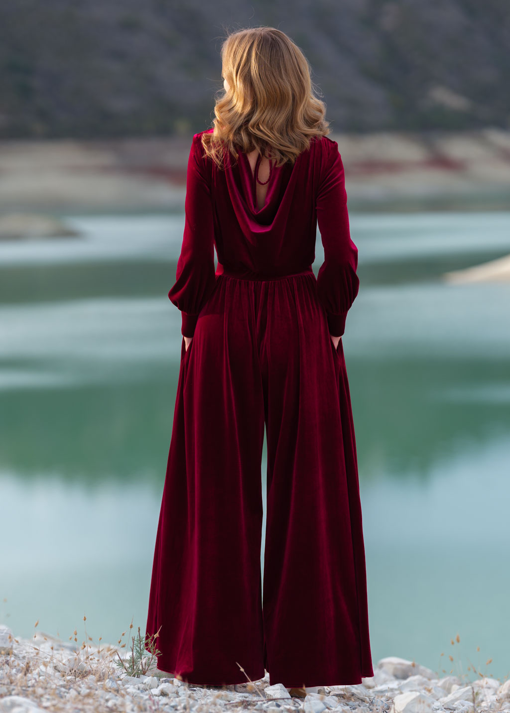 Burgundy velvet jumpsuit